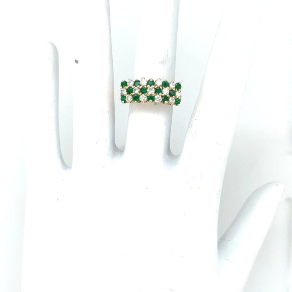Vintage Emerald Diamond ThreeRow Cluster Gold Ring - Picture 3 of 4
